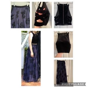 Two piece prom dress size 1, David’s Bridal. Navy blue/black glittery flowers.